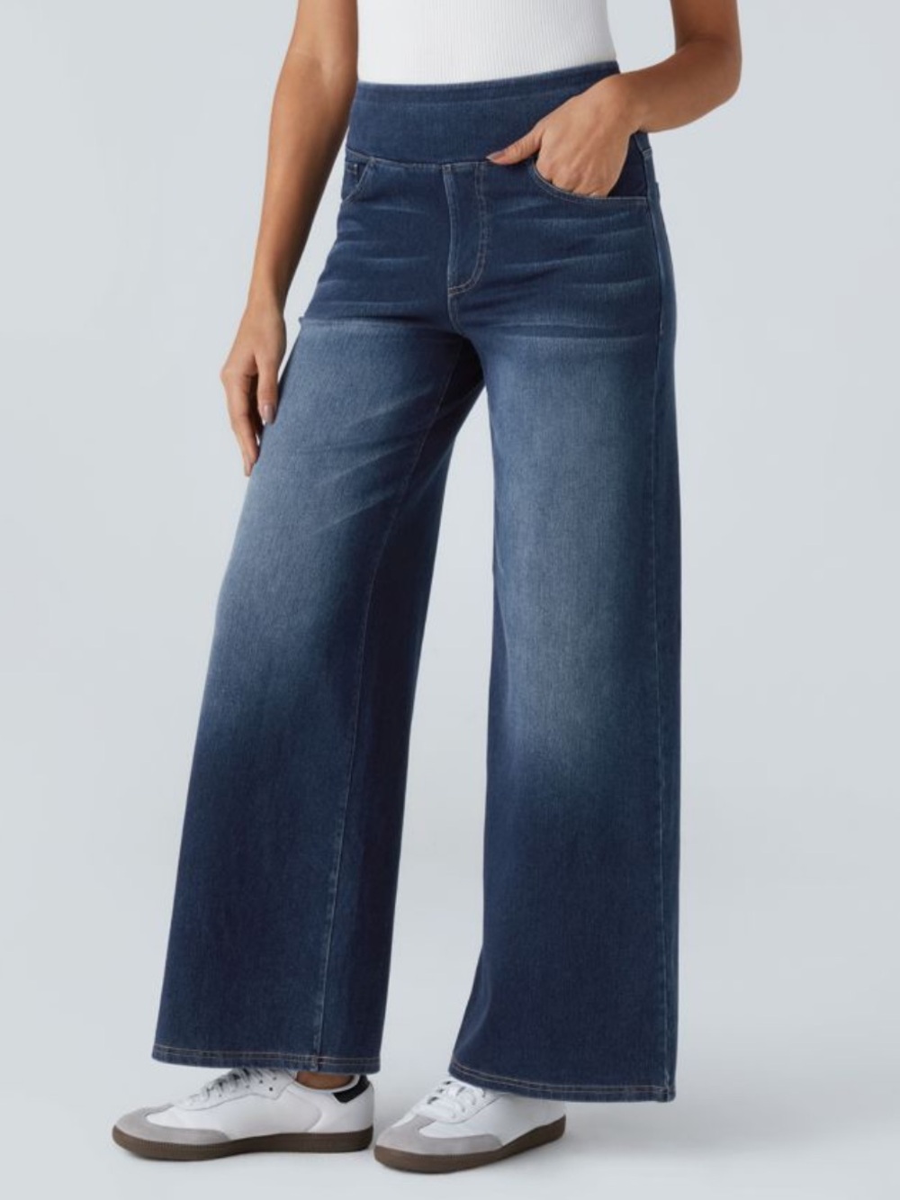 HALARA Wide Leg Washed Blue High-Rise Stretch Jeans